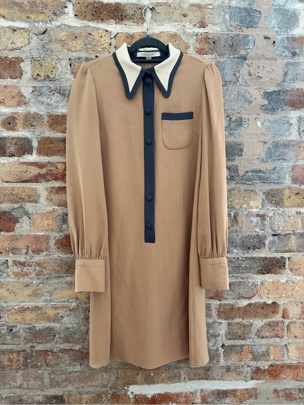 Marc Jacobs Tan Long-Sleeve Shift Dress with Black Trim and Cream Collar